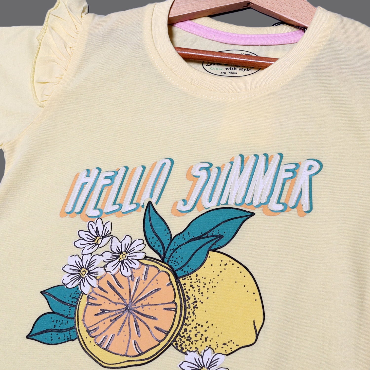 YELLOW HELLO SUMMER LEMON PRINTED T-SHIRT TOP FOR GIRLS