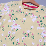 YELLOW RABBIT & FLOWERS PRINTED T-SHIRT TOP FOR GIRLS