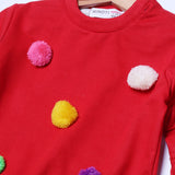 RED TERRY FABRIC "FUR BALLS" WITH FRIL SLEEVES WINTER SUIT