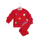 RED TERRY FABRIC "FUR BALLS" WITH FRIL SLEEVES WINTER SUIT