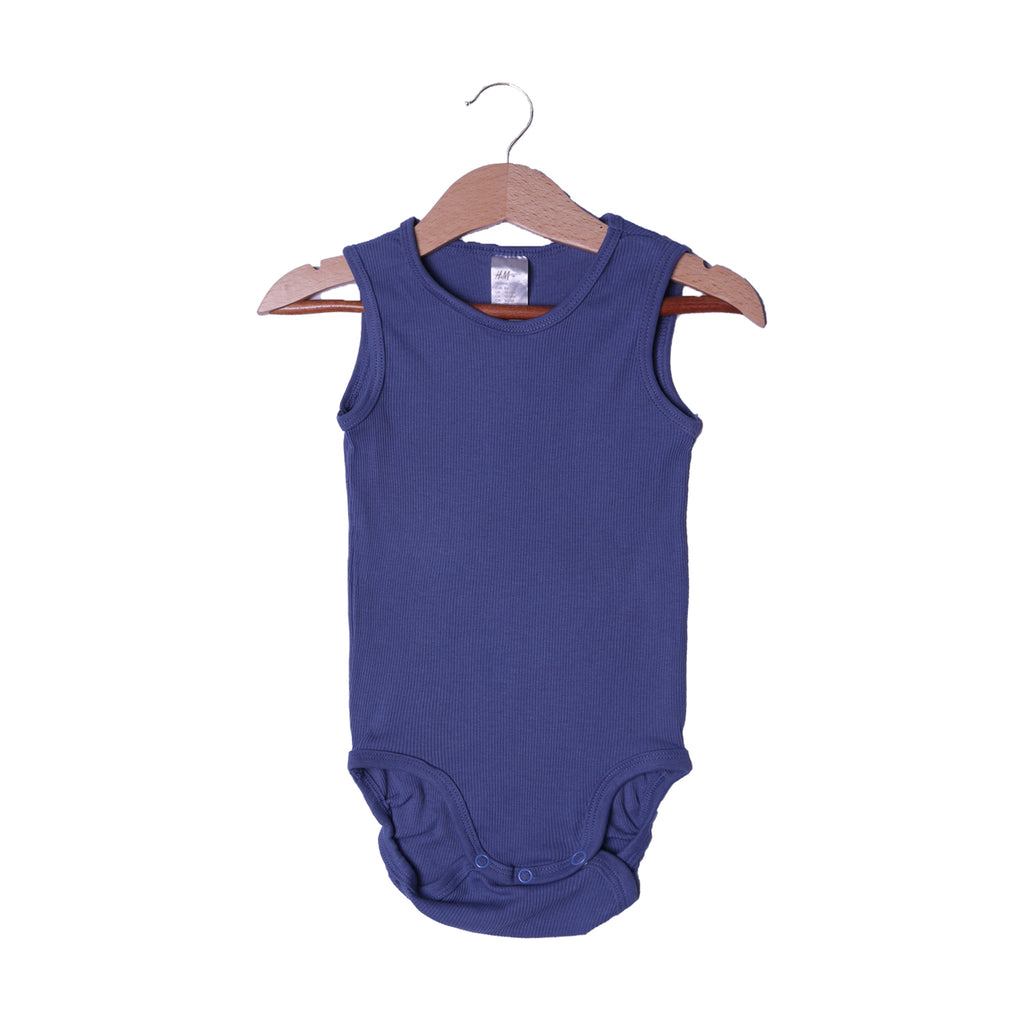 ROYAL BLUE PLAIN RIBBED FABRIC HALF BODY SLEEVES LESS ROMPER
