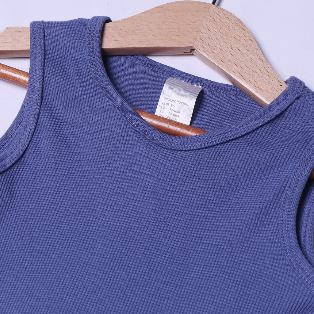 ROYAL BLUE PLAIN RIBBED FABRIC HALF BODY SLEEVES LESS ROMPER