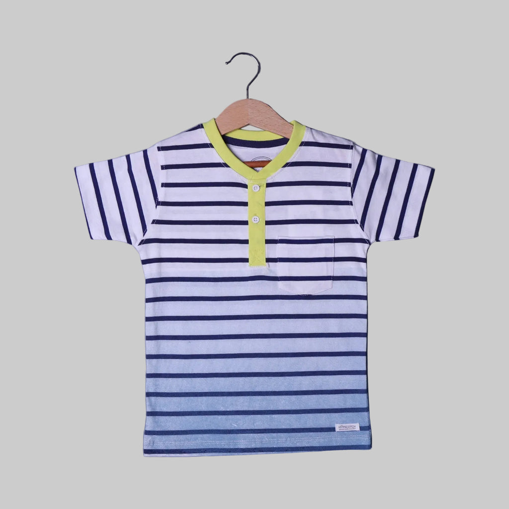 WHITE WITH SHADED COLOR BLUE STRIPES HALF SLEEVES T-SHIRT FOR BOYS