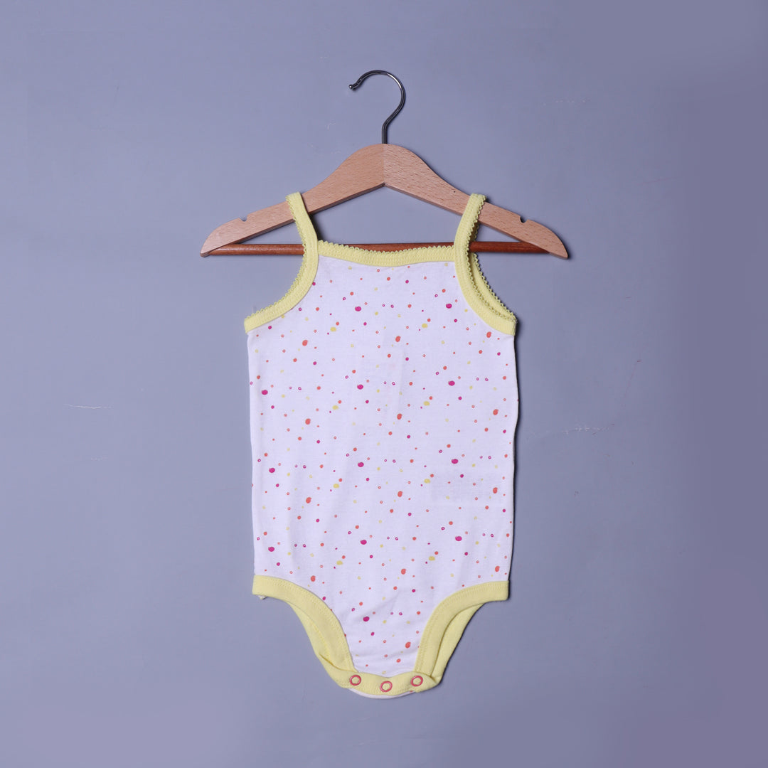 WHITE DOTS PRINTED SLEEVES LESS HALF BODY ROMPER FOR GIRLS RIBBED FABRIC