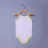 WHITE DOTS PRINTED SLEEVES LESS HALF BODY ROMPER FOR GIRLS RIBBED FABRIC