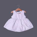 Load image into Gallery viewer, CREAM LEAVES PRINTED FRIL SLEEVES LESS COTTON FABRIC FROCK FOR GIRLS
