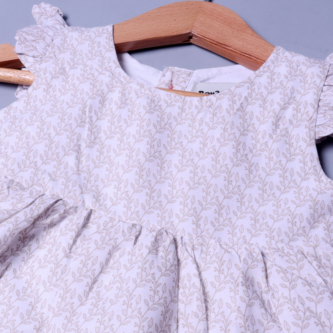 CREAM LEAVES PRINTED FRIL SLEEVES COTTON FABRIC FROCK FOR GIRLS