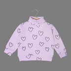 PINK HIGH NECK & FRIL TROUSER "HEARTS" PRINTED RIBBED FABRIC WINTER SUIT