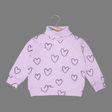 PINK HIGH NECK & FRIL TROUSER "HEARTS" PRINTED RIBBED FABRIC WINTER SUIT