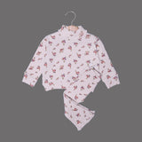 CREAM HIGH NECK & FRIL TROUSER "FLOWERS" PRINTED RIBBED FABRIC WINTER SUIT