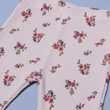 CREAM HIGH NECK & FRIL TROUSER "FLOWERS" PRINTED RIBBED FABRIC WINTER SUIT