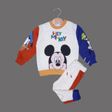 CREAM WITH BROWN & BLUE SLEEVES "HEY MICKEY" PRINTED TERRY FABRIC WINTER SUIT