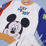 CREAM WITH BROWN & BLUE SLEEVES "HEY MICKEY" PRINTED TERRY FABRIC WINTER SUIT