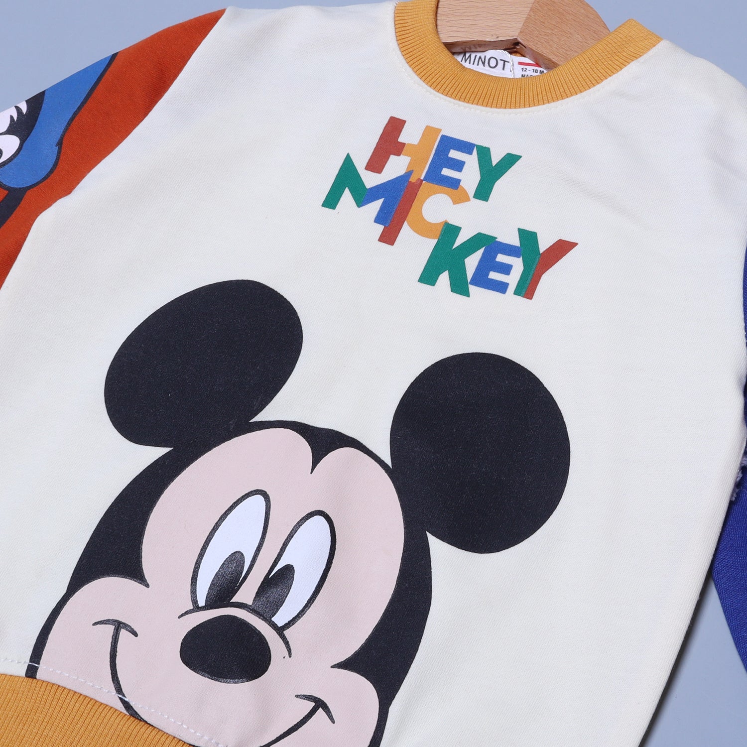 CREAM WITH BROWN & BLUE SLEEVES "HEY MICKEY" PRINTED TERRY FABRIC WINTER SUIT