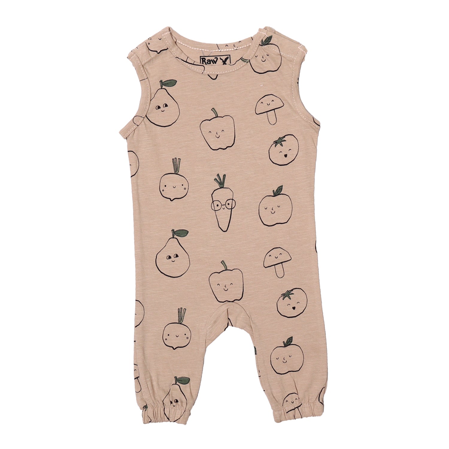 NEW LIGHT BROWN VEGETABLES PRINTED FULL BODY SLEEVES LESS ROMPER Main image