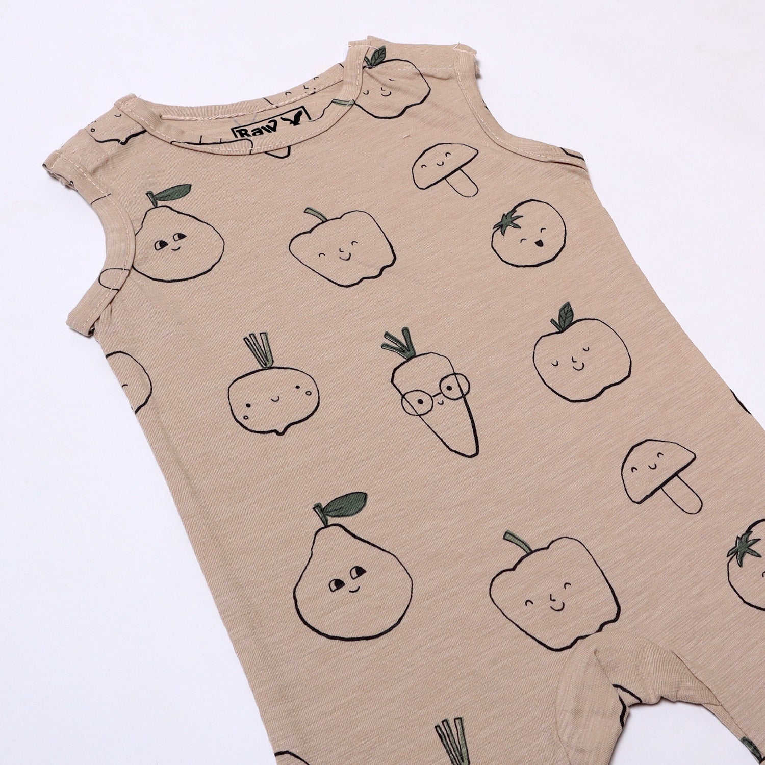 NEW LIGHT BROWN VEGETABLES PRINTED FULL BODY SLEEVES LESS ROMPER Secondary image