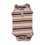 Load image into Gallery viewer, NEW LIGHT BROWN WITH BLUE STRIPES SLEEVES LESS WITH BUTTONS ROMPER
