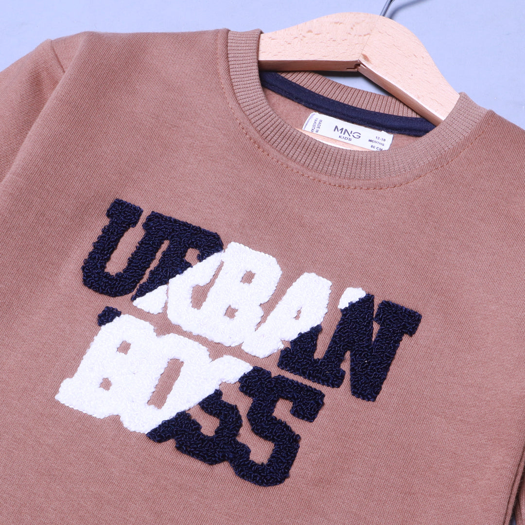 BROWN "URBAN BOSS" PRINT FLEECE FABRIC SWEATSHIRT