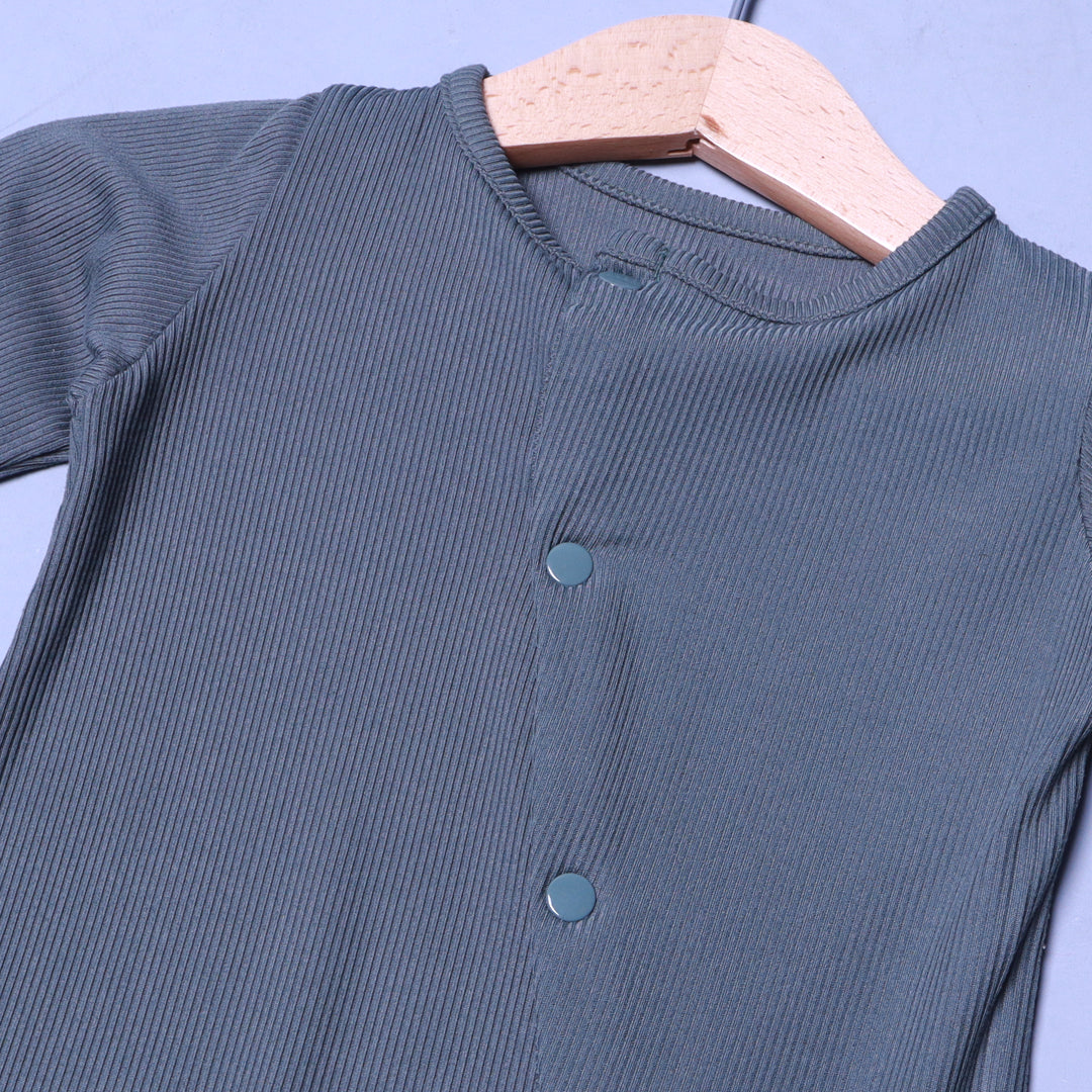 GREEN PLAIN RIBBED FABRIC POWER STRETCH FULL BODY FULL SLEEVES ROMPER