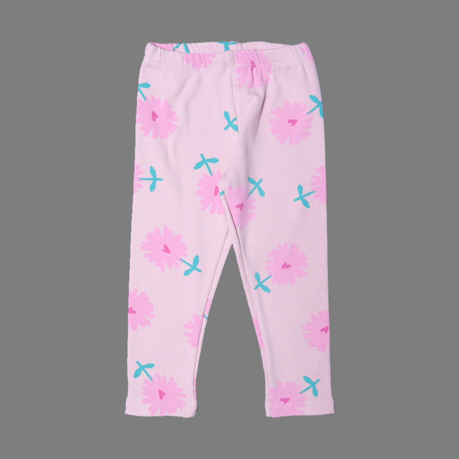 PINK WITH BIG FLOWERS PRINTED RIBBED FABRIC PAJAMA TROUSER Main image