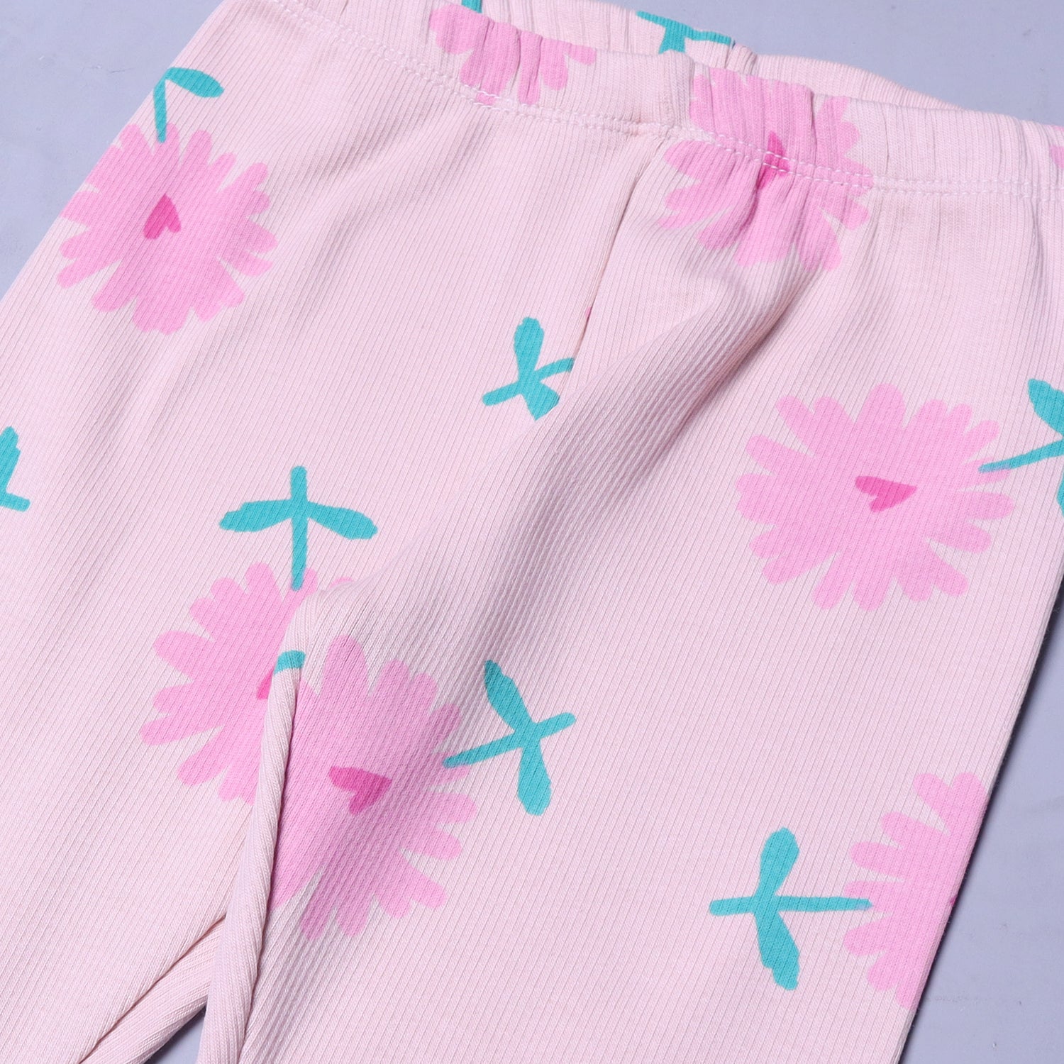 PINK WITH BIG FLOWERS PRINTED RIBBED FABRIC PAJAMA TROUSER Secondary image