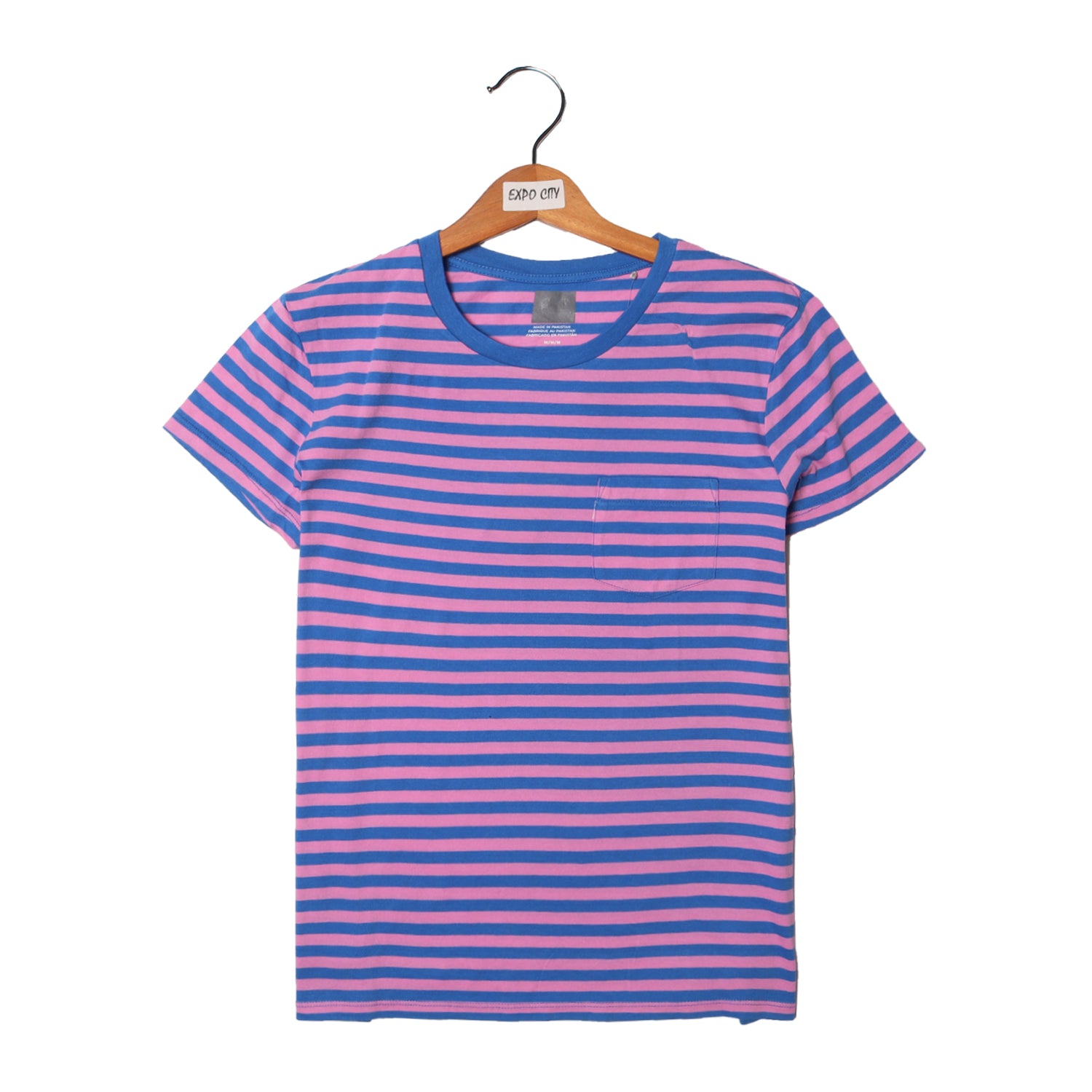 NEW PURPLE WITH BLUE STRIPES & POCKET HALF SLEEVES T-SHIRT FOR GIRLS