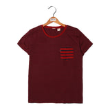 NEW MAROON WITH NAVY BLUE STRIPES & POCKET HALF SLEEVES T-SHIRT FOR GIRLS