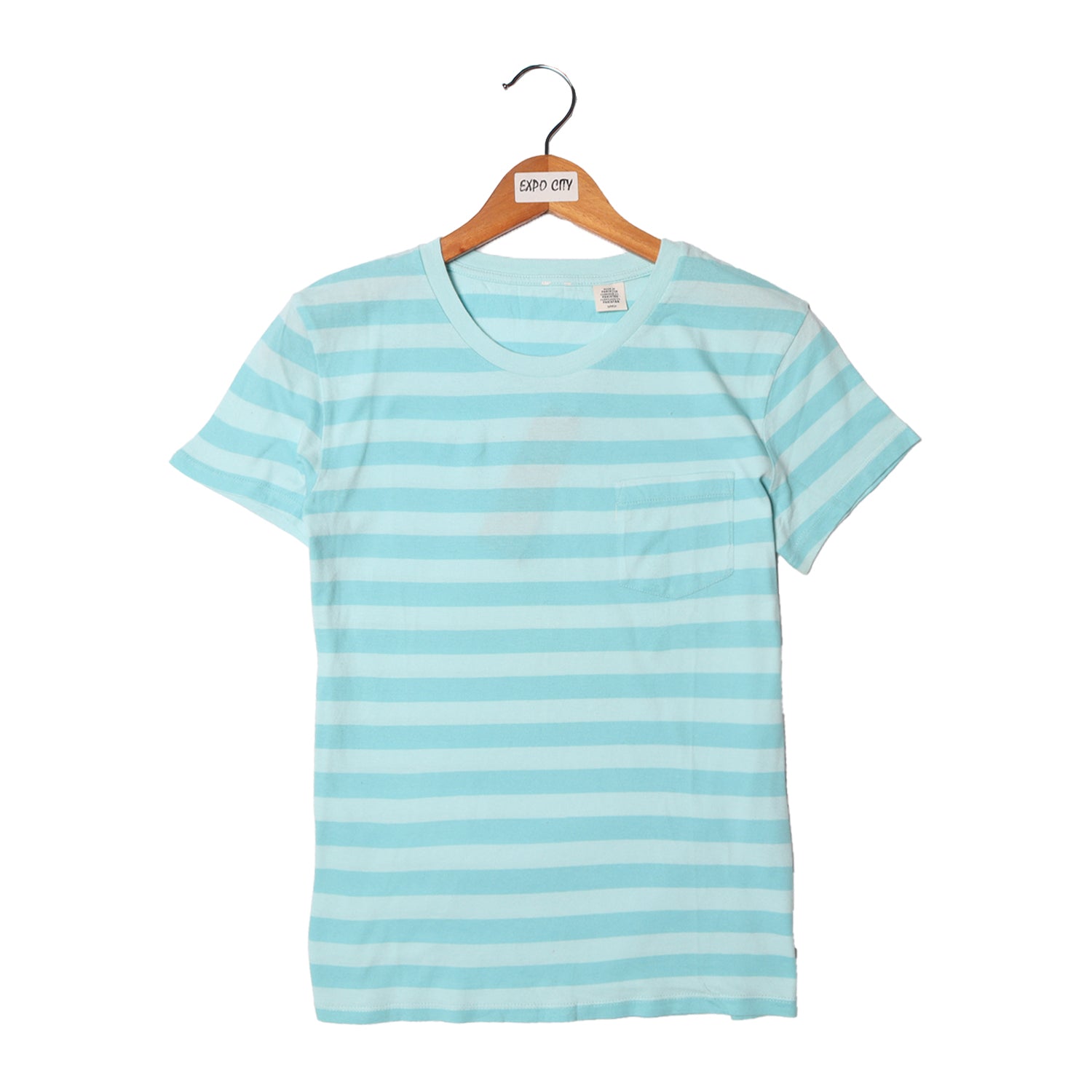 NEW SKY BLUE WITH BLUE STRIPES & POCKET HALF SLEEVES T-SHIRT FOR GIRLS