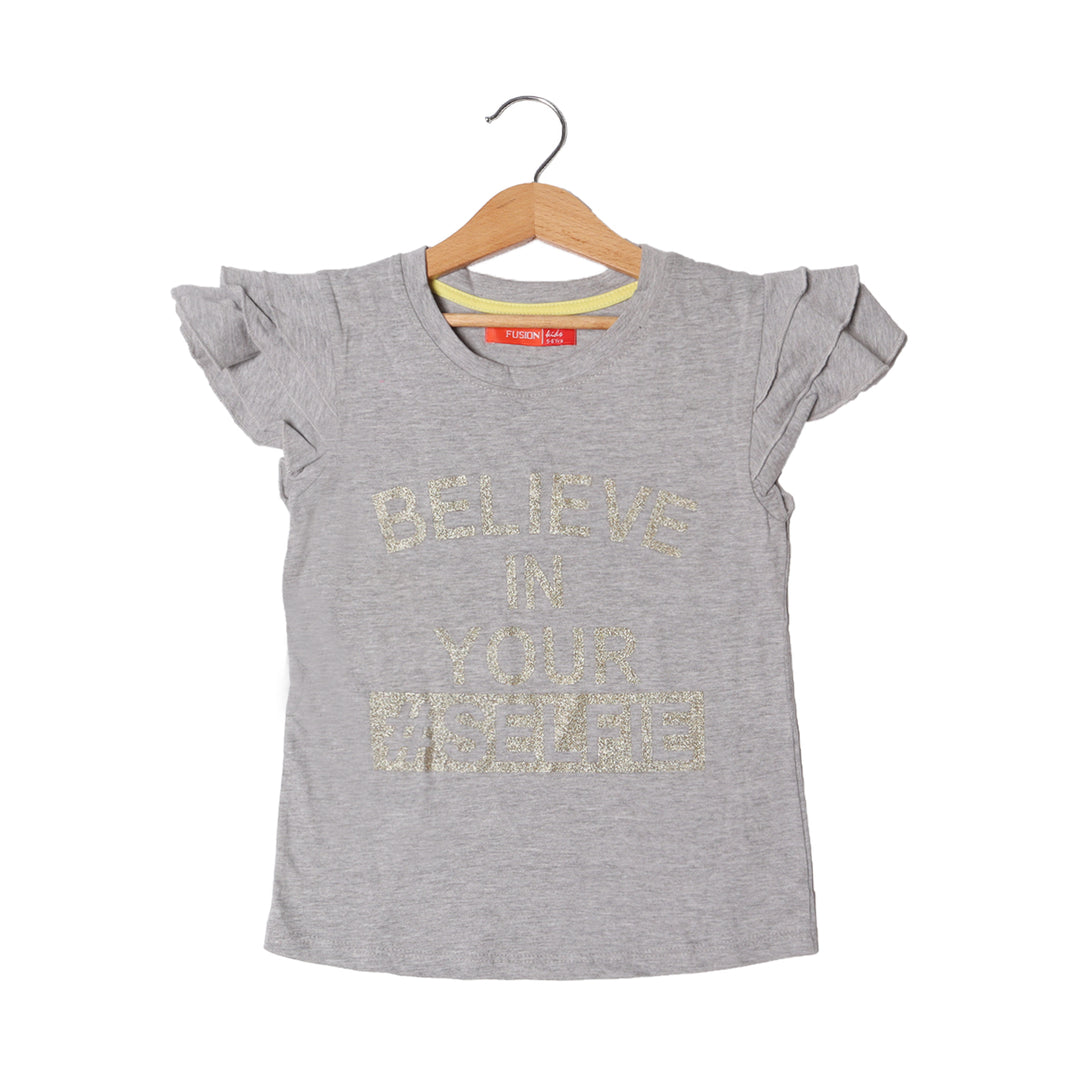 GREY BELIEVE IN YOUR SELFIE PRINTED T-SHIRT FOR GIRLS