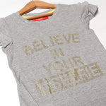 Load image into Gallery viewer, GREY BELIEVE IN YOUR SELFIE PRINTED T-SHIRT FOR GIRLS
