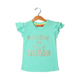 SEA GREEN BELIEVE IN YOUR SELFIE PRINTED T-SHIRT FOR GIRLS