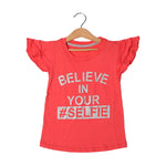 Load image into Gallery viewer, WATERMELON RED BELIEVE IN YOUR SELFIE PRINTED T-SHIRT FOR GIRLS
