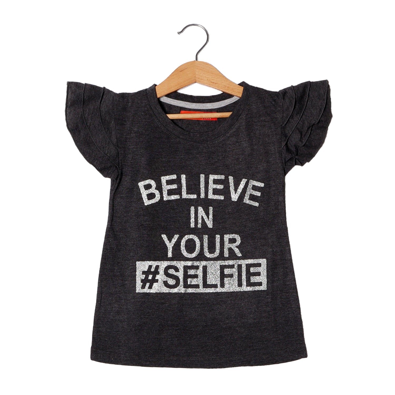 CHARCOAL GREY BELIEVE IN YOUR SELFIE PRINTED T-SHIRT FOR GIRLS Secondary image