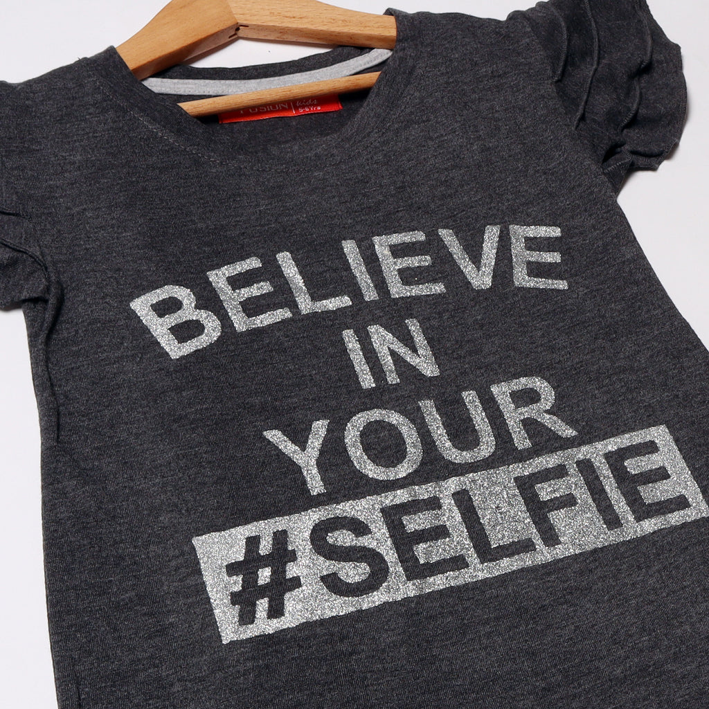 CHARCOAL GREY BELIEVE IN YOUR SELFIE PRINTED T-SHIRT FOR GIRLS