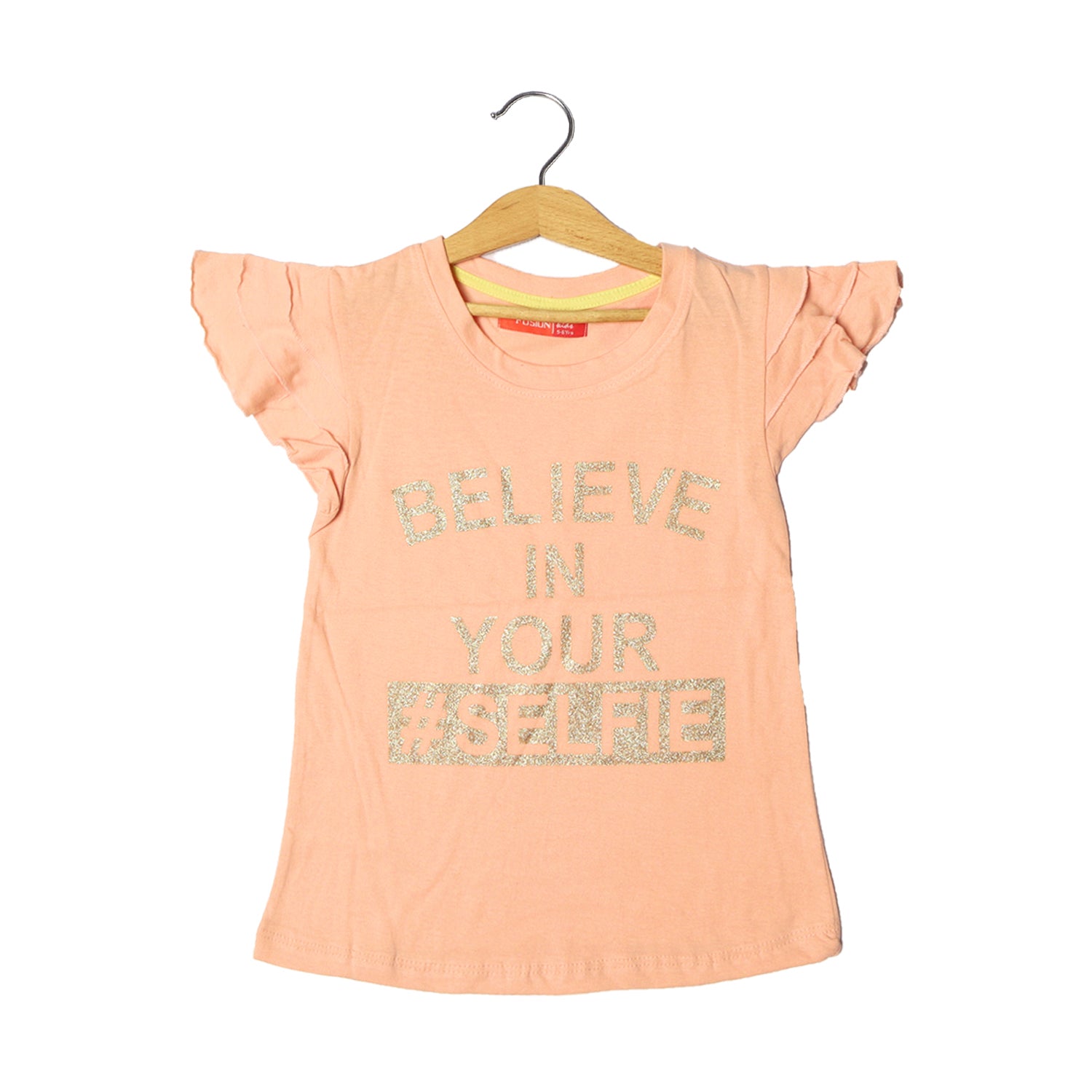 PEACH BELIEVE IN YOUR SELFIE PRINTED T-SHIRT FOR GIRLS