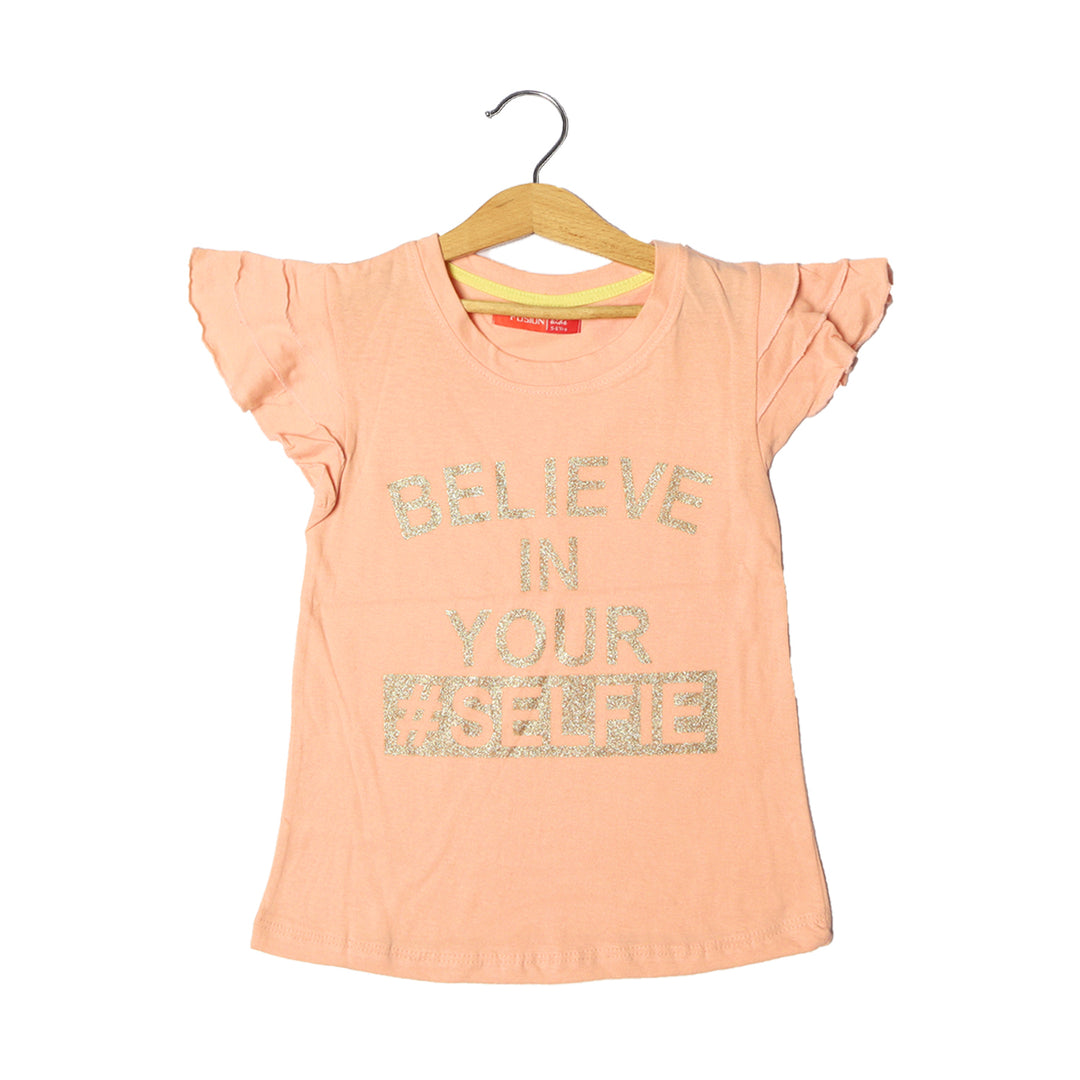 PEACH BELIEVE IN YOUR SELFIE PRINTED T-SHIRT FOR GIRLS