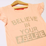 Load image into Gallery viewer, PEACH BELIEVE IN YOUR SELFIE PRINTED T-SHIRT FOR GIRLS
