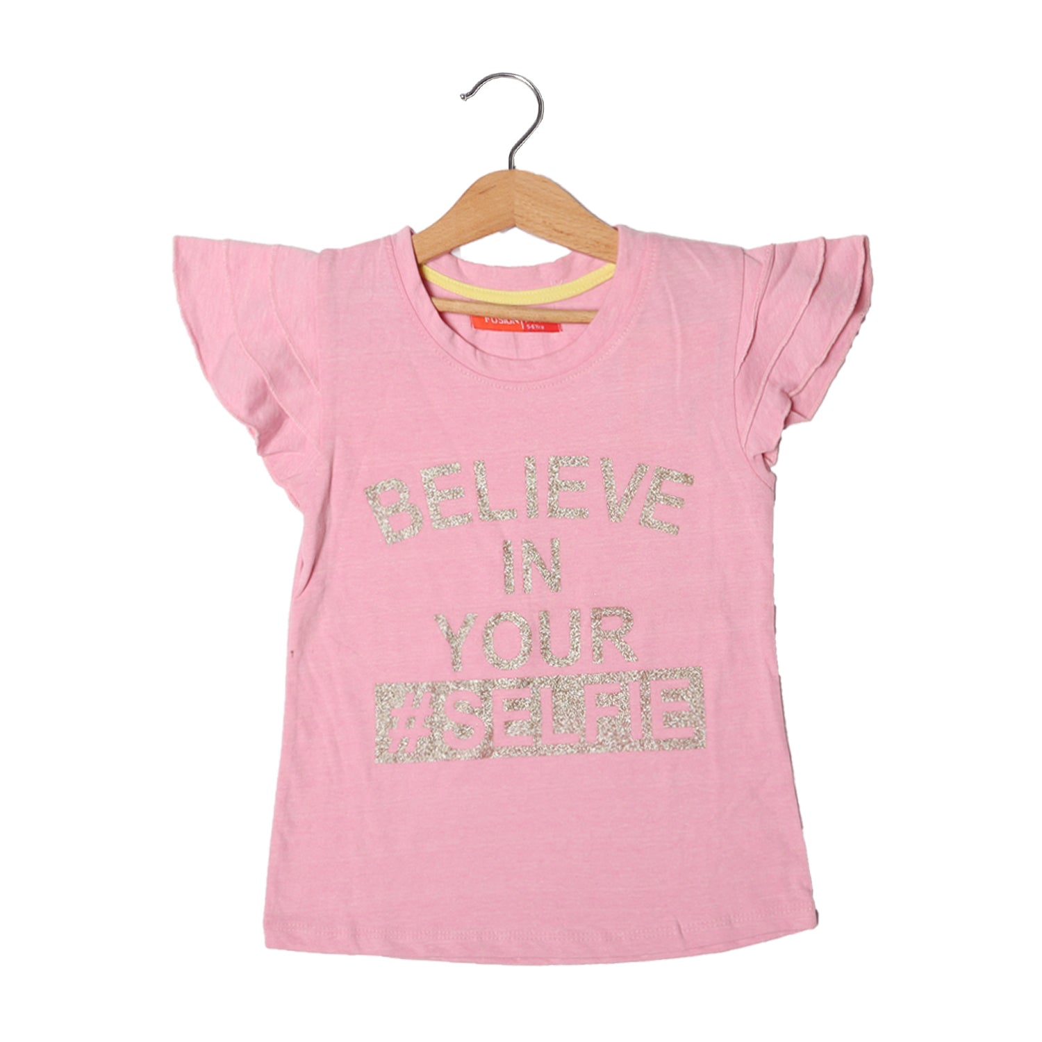 LIGHT PINK BELIEVE IN YOUR SELFIE PRINTED T-SHIRT FOR GIRLS Main image