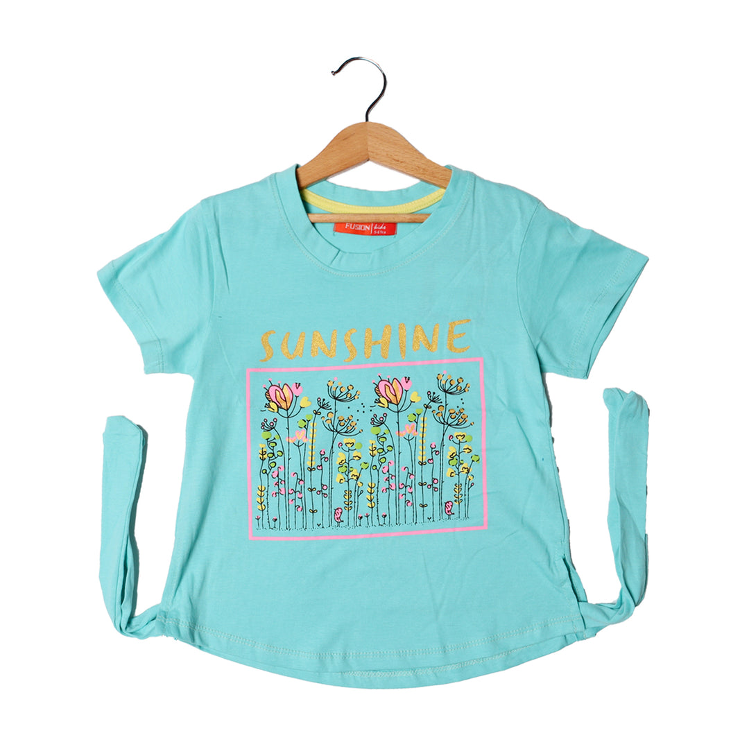 SKY BLUE SUNSHINE FLOWERS PRINTED T-SHIRT FOR GIRLS