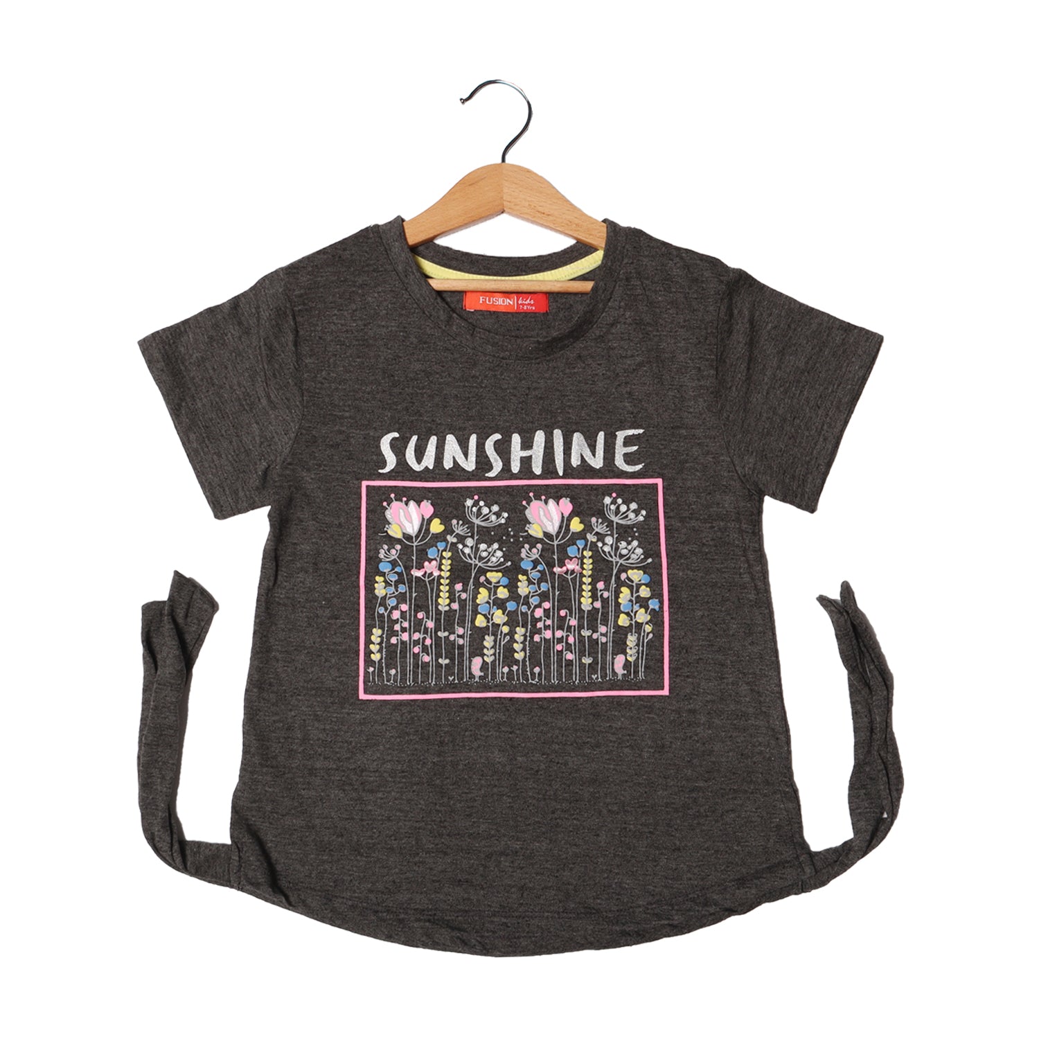 CHARCOAL GREY SUNSHINE FLOWERS PRINTED T-SHIRT FOR GIRLS Main image