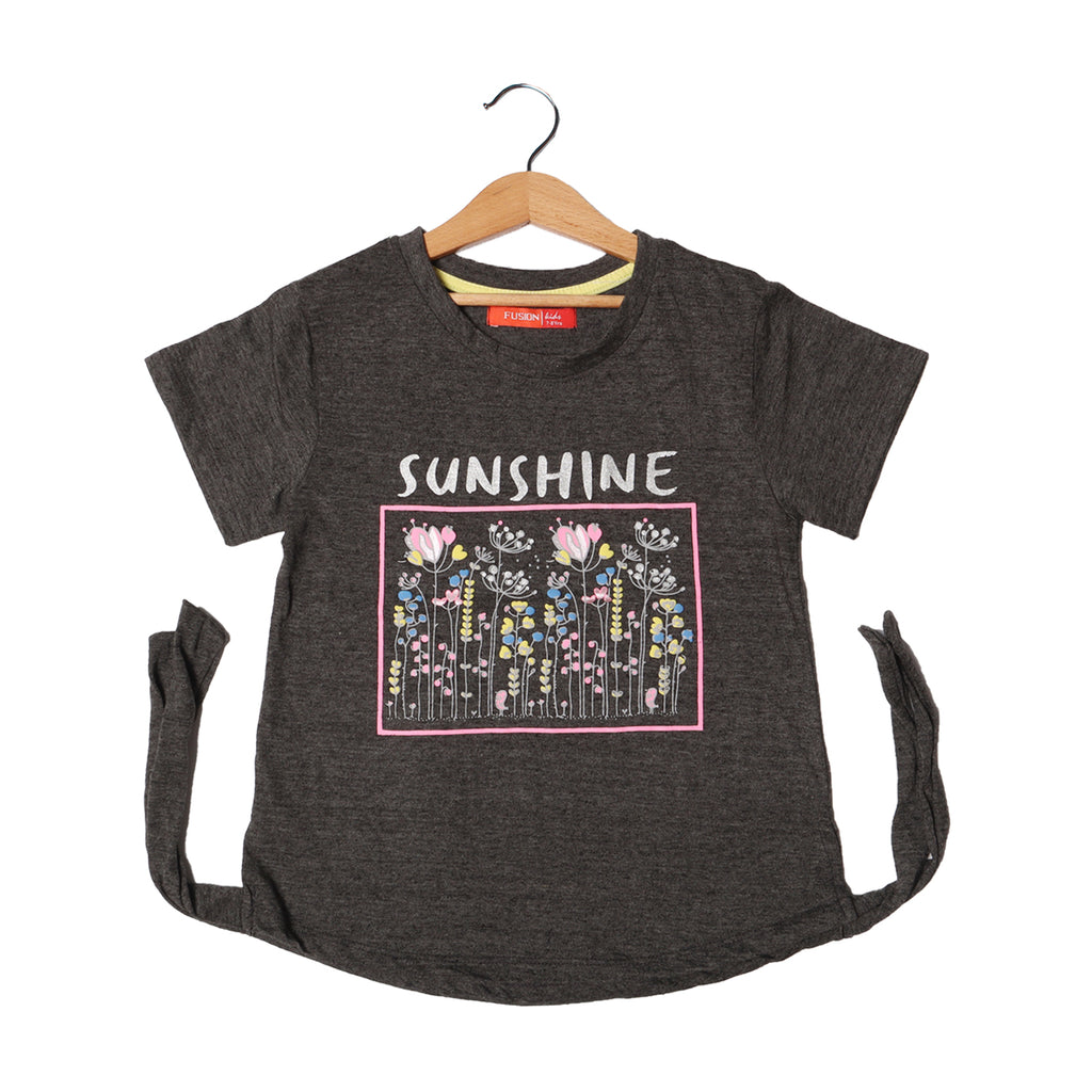 CHARCOAL GREY SUNSHINE FLOWERS PRINTED T-SHIRT FOR GIRLS