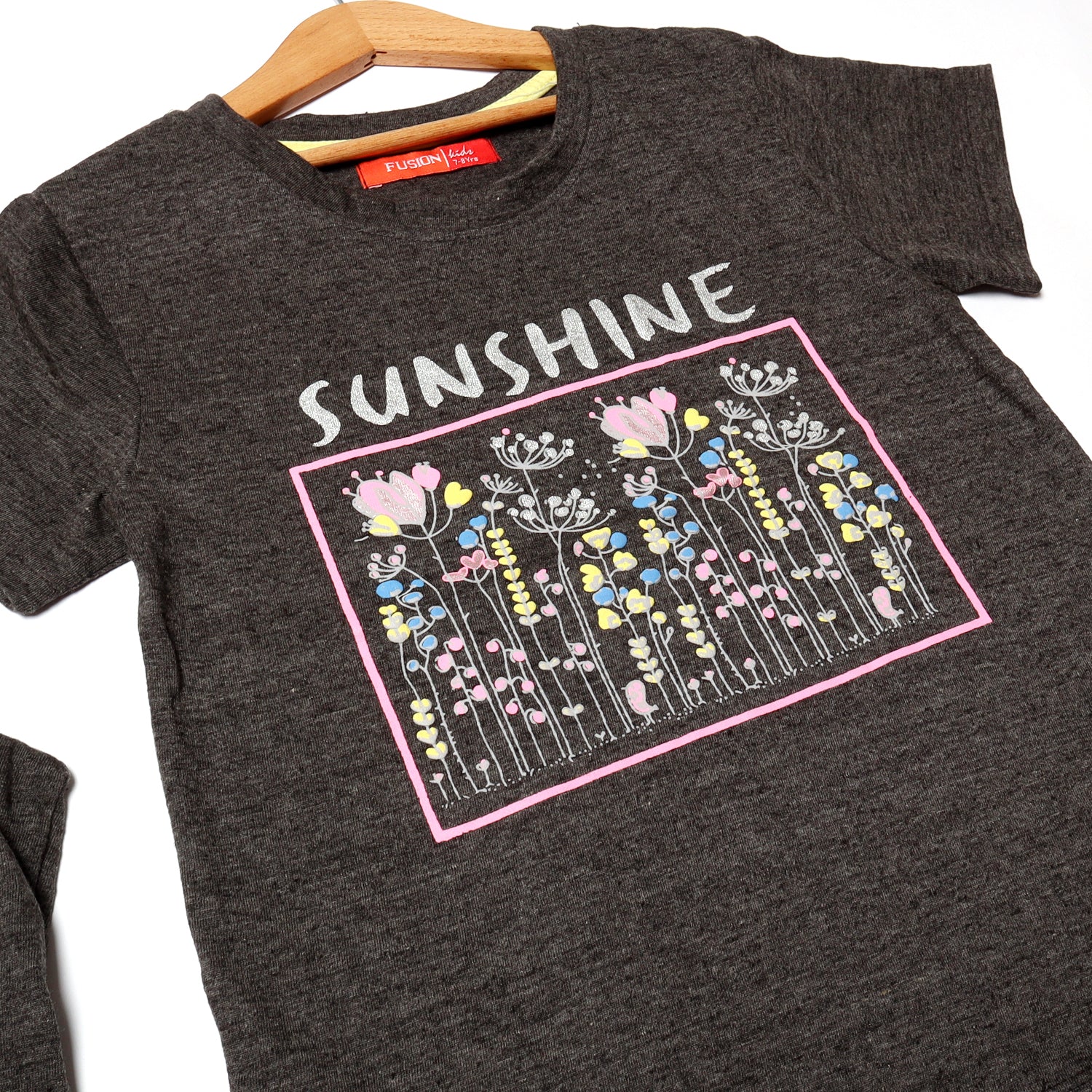 CHARCOAL GREY SUNSHINE FLOWERS PRINTED T-SHIRT FOR GIRLS