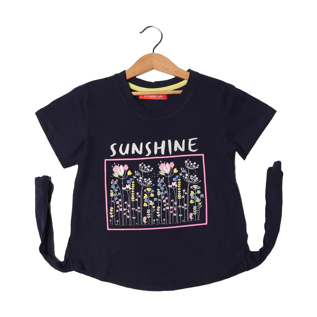 NAVY BLUE SUNSHINE FLOWERS PRINTED T-SHIRT FOR GIRLS