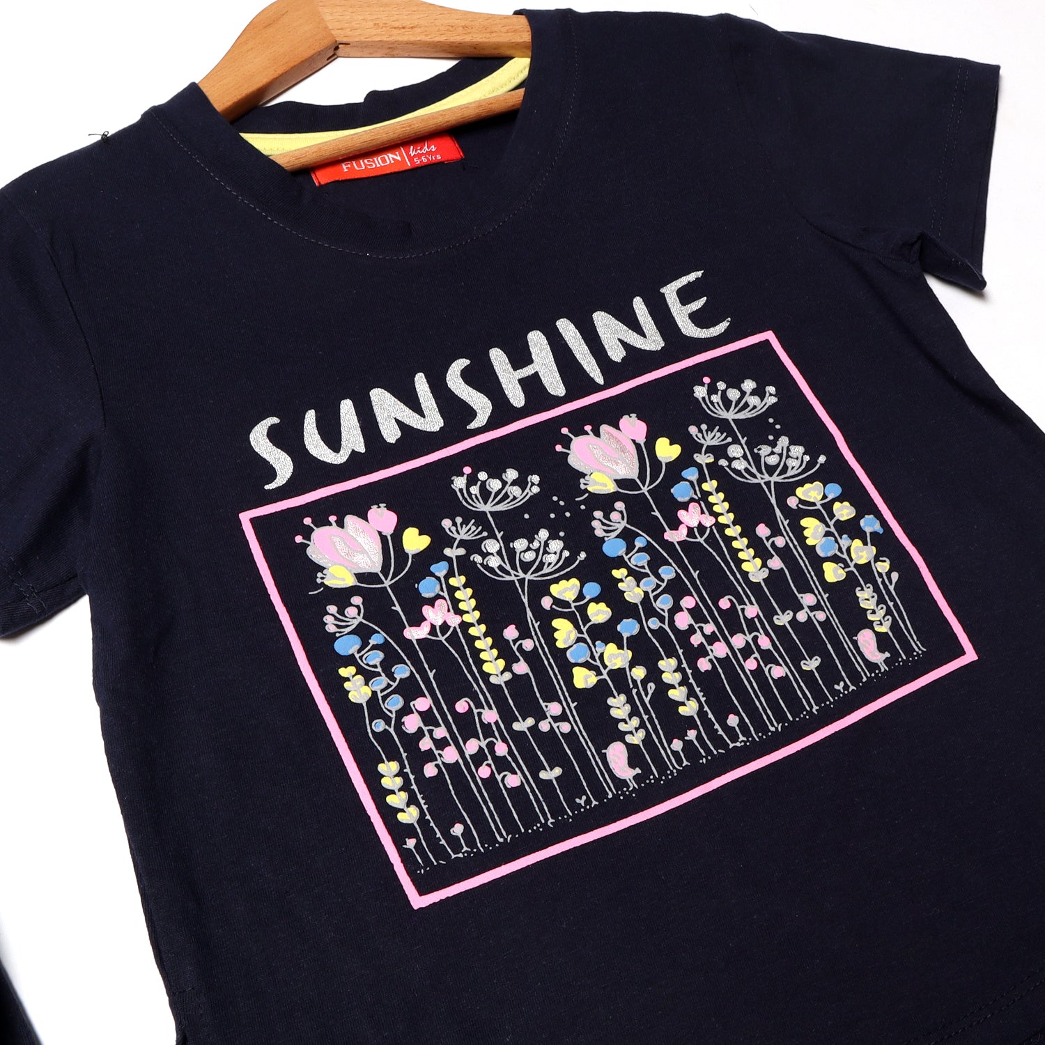 NAVY BLUE SUNSHINE FLOWERS PRINTED T-SHIRT FOR GIRLS