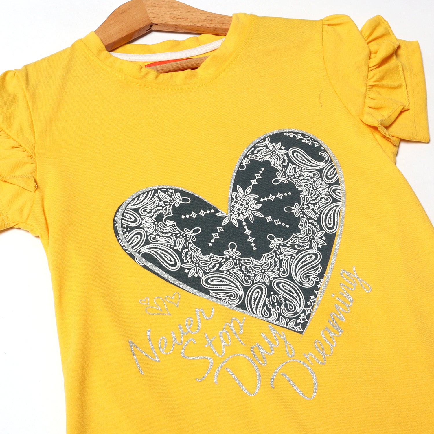 YELLOW NEVER STOP DAY DREAMING PRINTED T-SHIRT FOR GIRLS