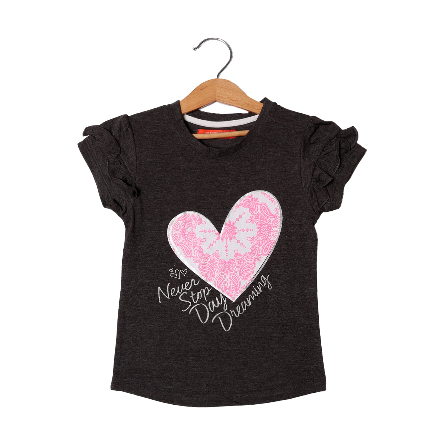 CHARCOAL GREY NEVER STOP DAY DREAMING PRINTED T-SHIRT FOR GIRLS