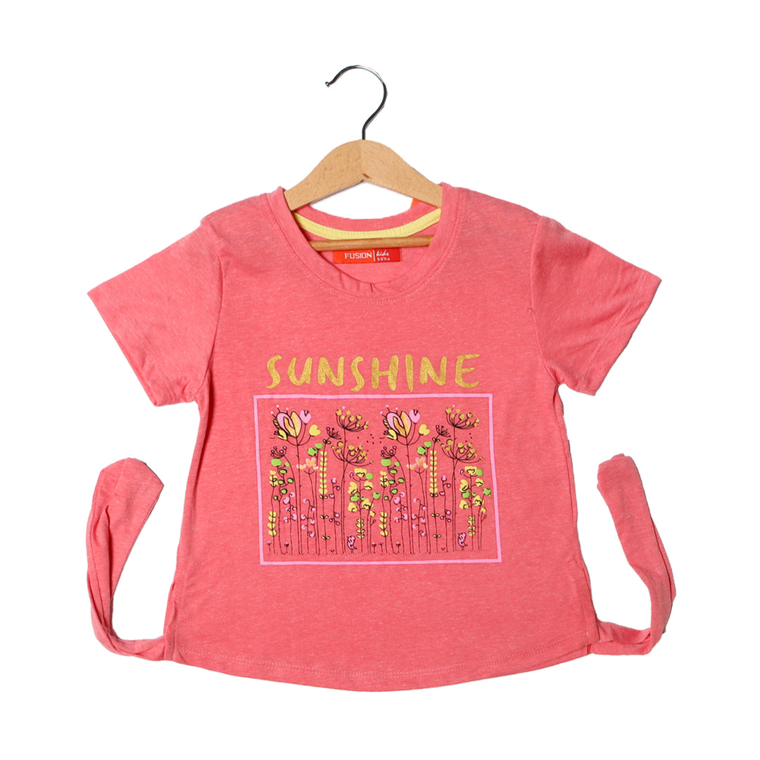 LIGHT RED SUNSHINE FLOWERS PRINTED T-SHIRT FOR GIRLS