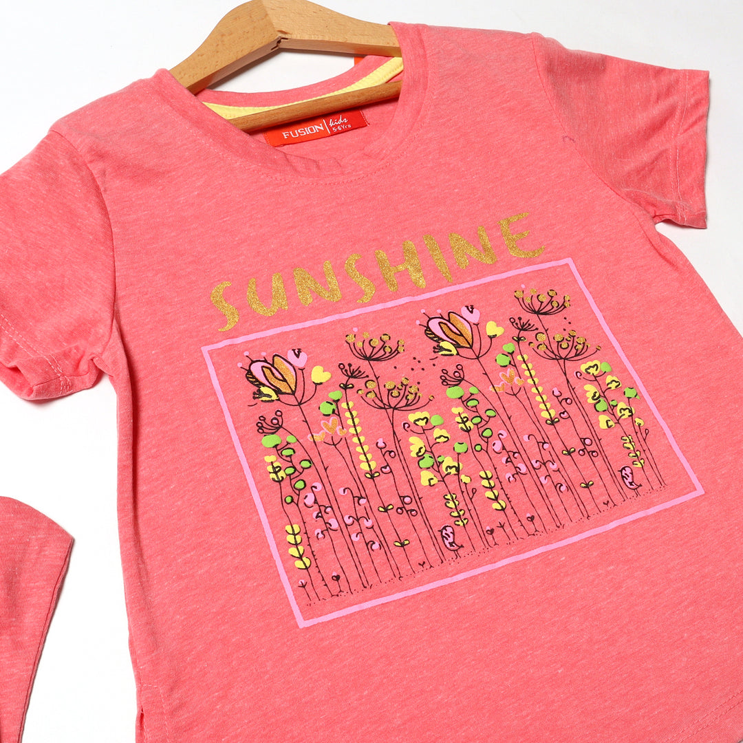 LIGHT RED SUNSHINE FLOWERS PRINTED T-SHIRT FOR GIRLS