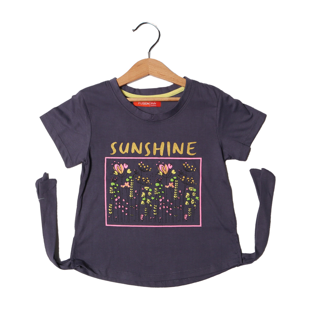 DULL BLUE SUNSHINE FLOWERS PRINTED T-SHIRT FOR GIRLS