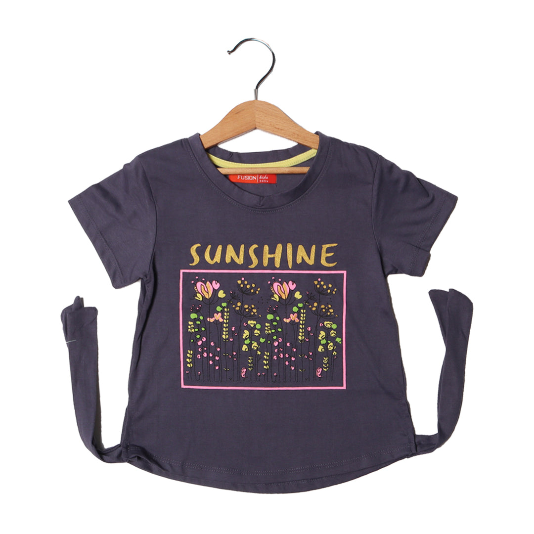 DULL BLUE SUNSHINE FLOWERS PRINTED T-SHIRT FOR GIRLS